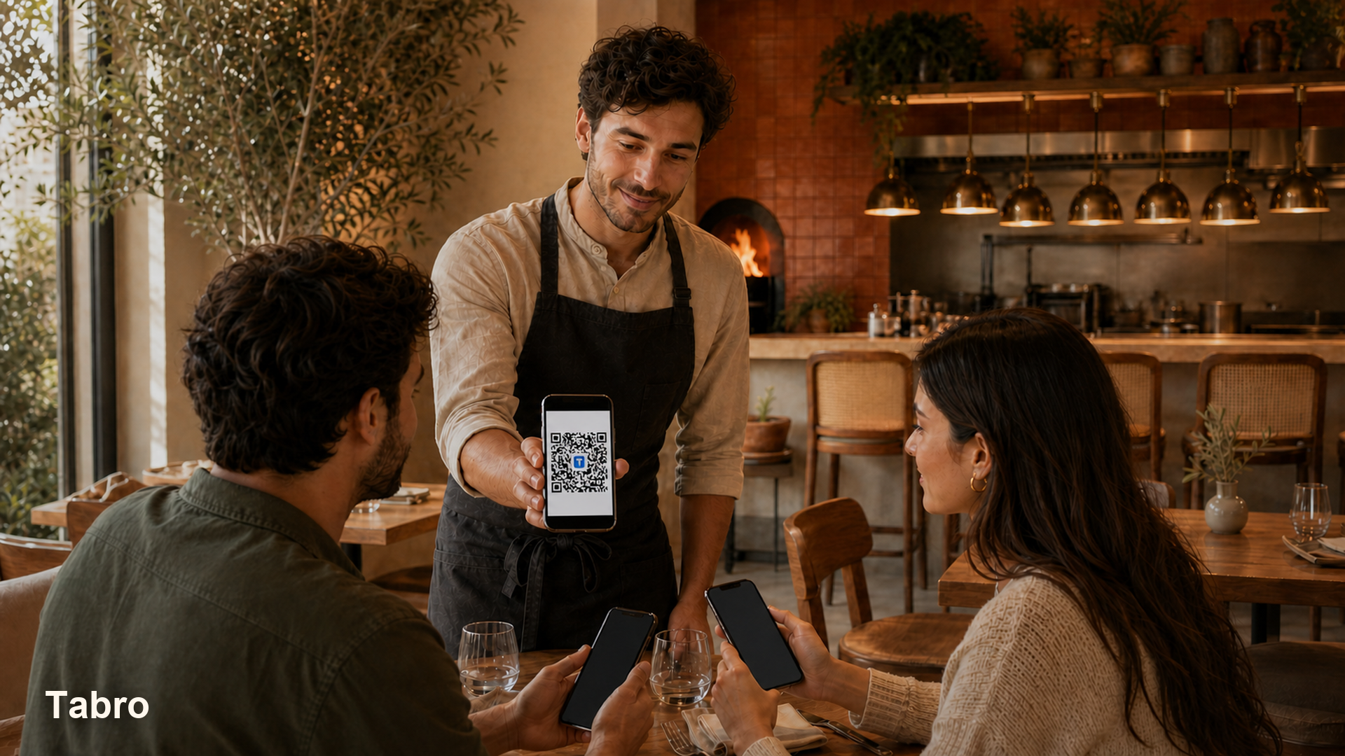 Waiter showing a Tabro table QR code to guests